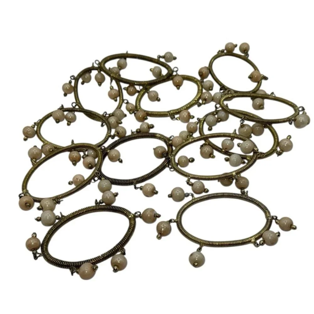 12 Napkin Rings Gold Brass Oval Cream Beaded Table Decor Thanksgiving Christmas